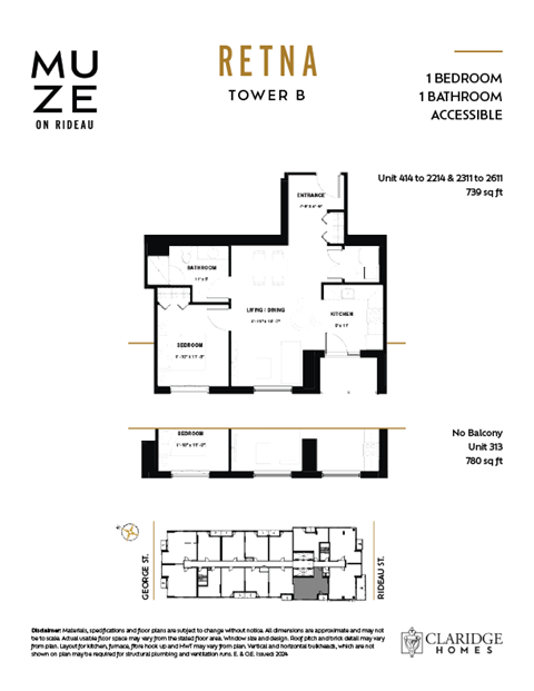 Floor plan for 1 bed, 1 bath, 739 sqft